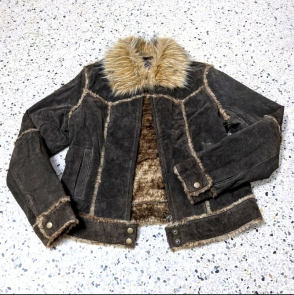 Suede Shell Faux Fur Trim Zip Winter Jacket
